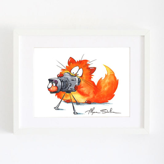 Wall art print with funny red cat and photo camera