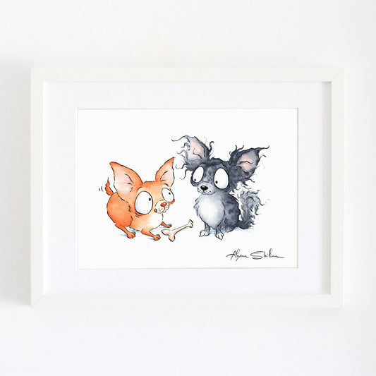 Wall art print with cute chihuahuas playing with a bone