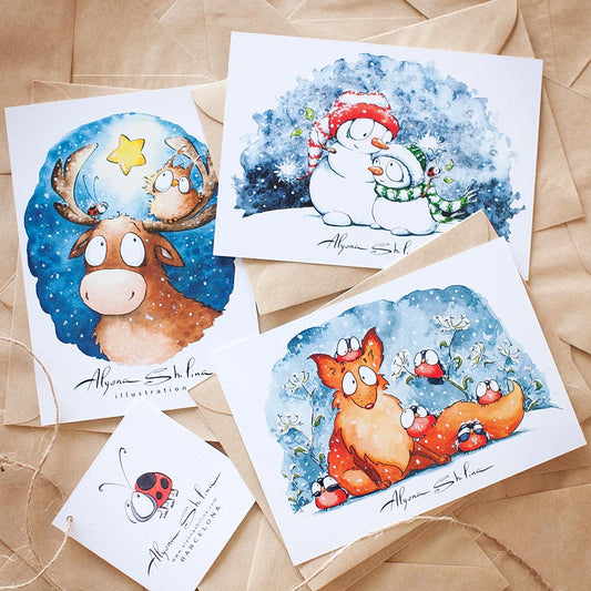 Christmas postcards with Snowmen, Fox, Birds, Reindeer, Owl and Ladybird design