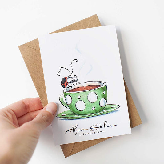 Cute card with coffee lover ladybug