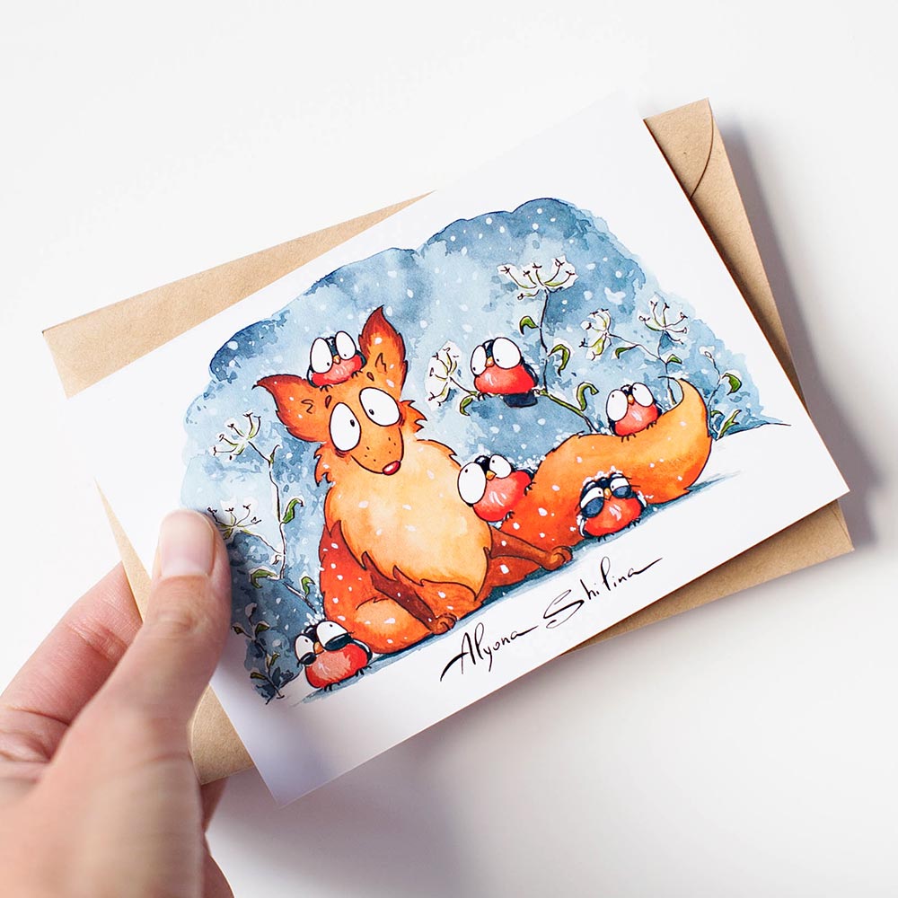 Funny Fox and Birds postcard