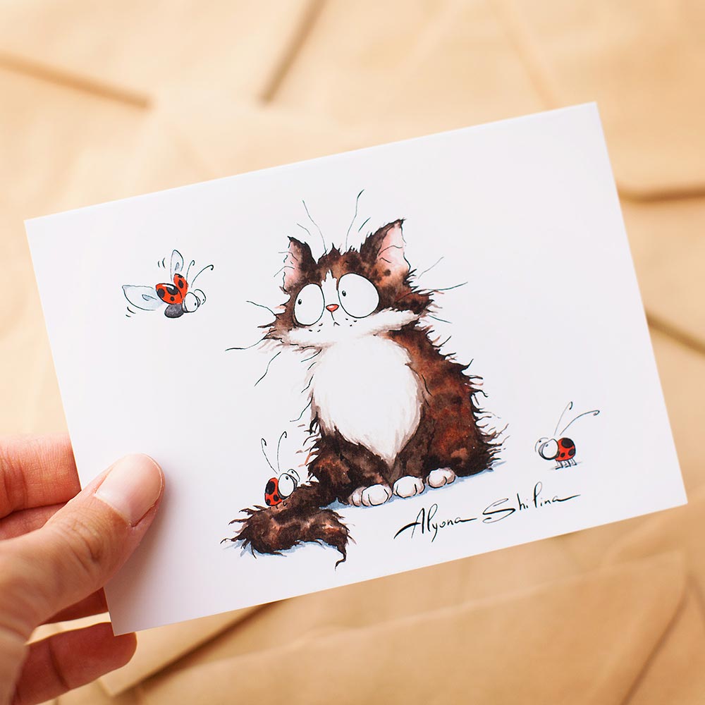 Postcard with cute fluffy Kitten and Ladybirds by Alyona Shilina