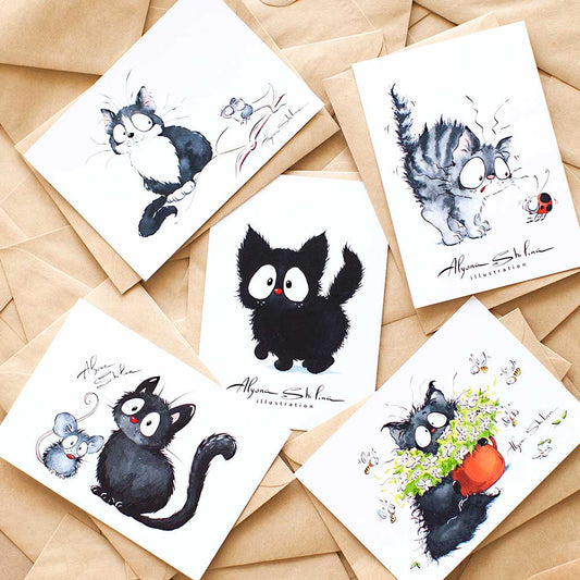 Postcards with funny cats. Signed by Alyona Shilina