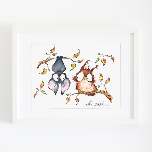 Cute wall art print with Owl and Bat