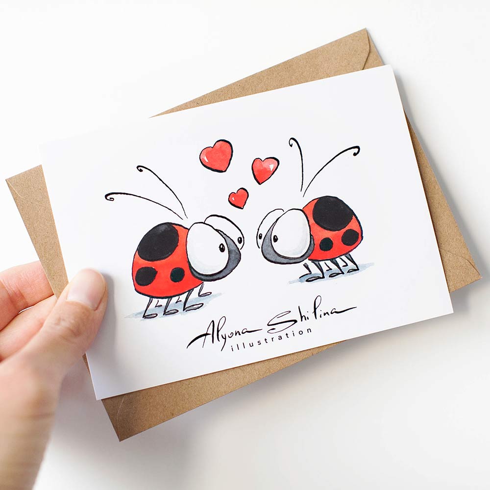 Cute card with Ladybugs and hearts