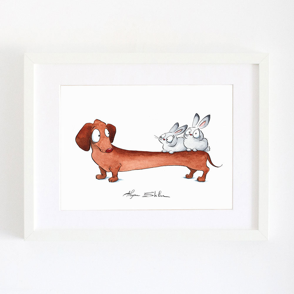 Wall art print with funny dachshund and rabbits by Alyona Shilina