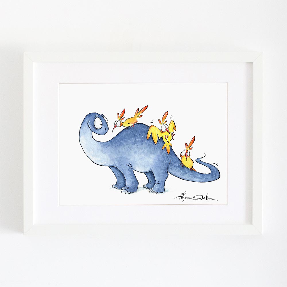 Art print with cute dinosaur and birds