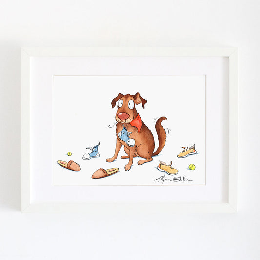 Wall art print with funny dog and shoes watercolor illustration