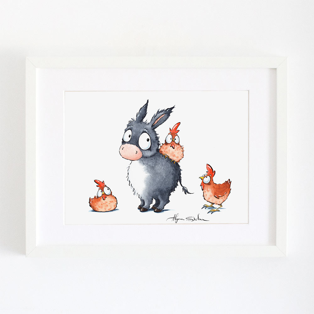 Cute wall art print with Donkey and Chickens