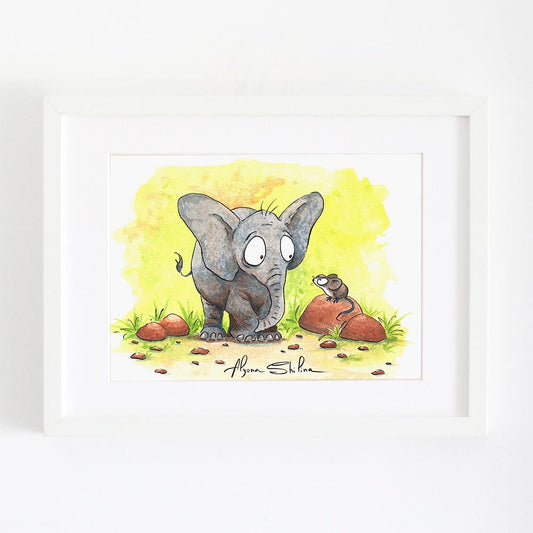 Art print with cute elephant and mouse