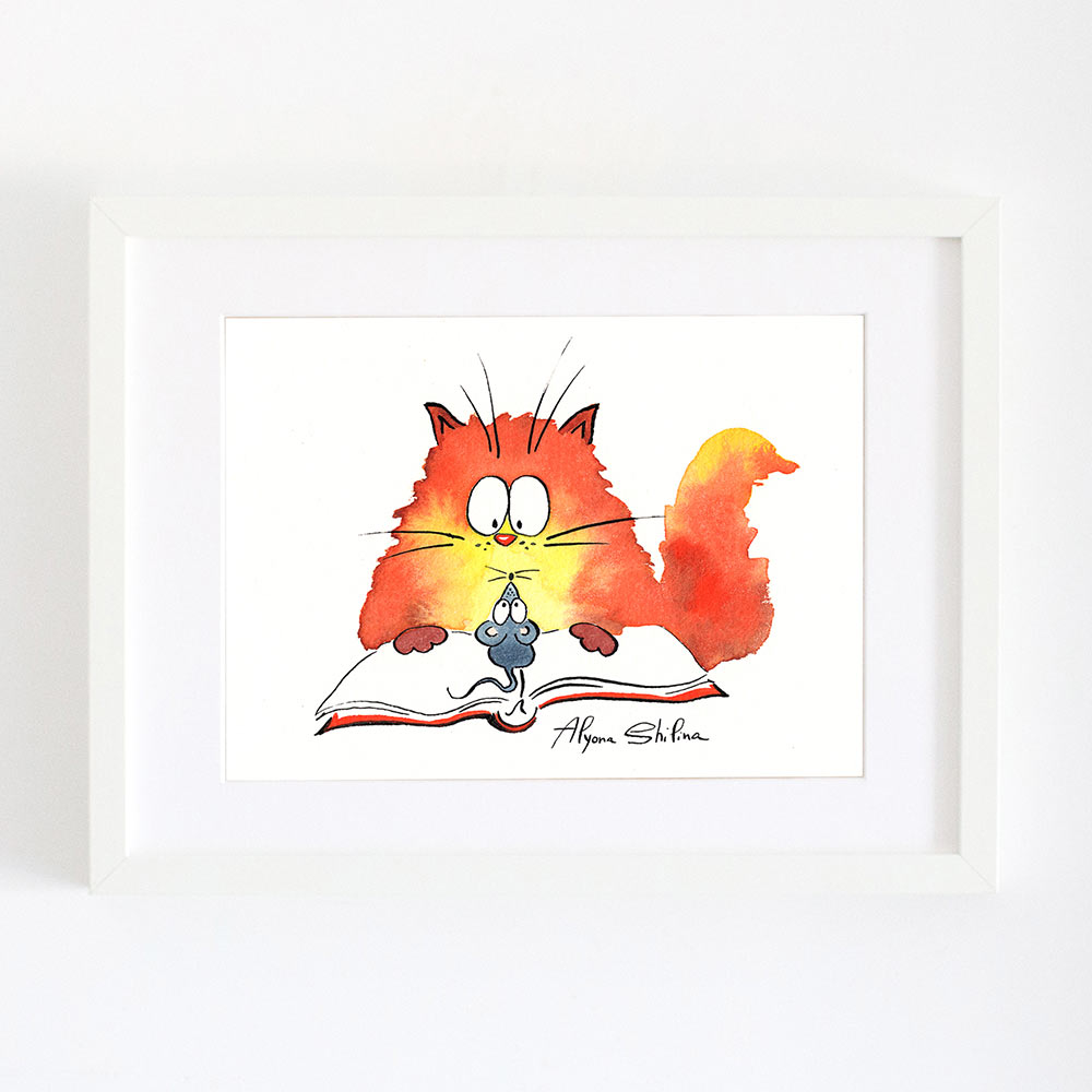 Cute art print with funny red cat and mouse in the book