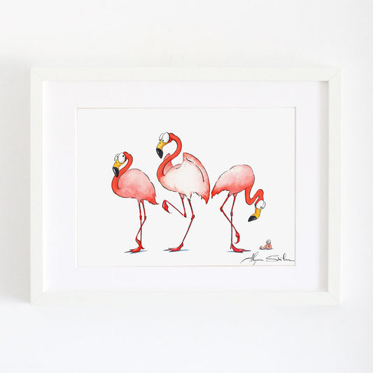 Wall art print with three cute flamingos