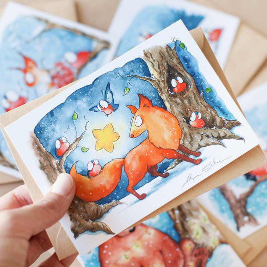 Cute Christmas postcard with the Fox and the Magic Star by Alyona Shilina