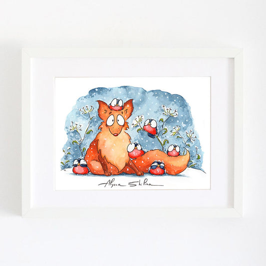 Christmas wall art print decor with cute fox and funny birds