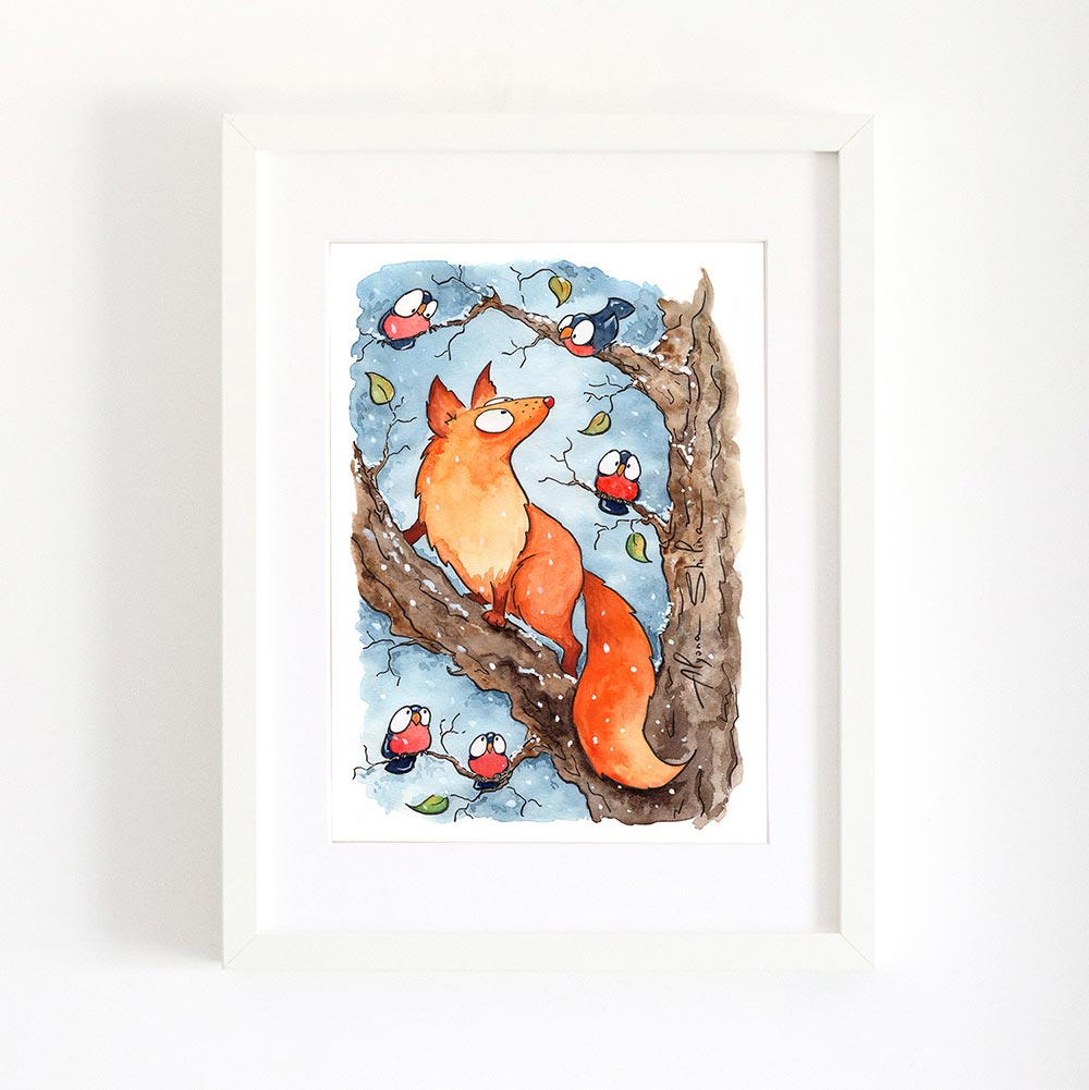 Fox and birds wall art print decor