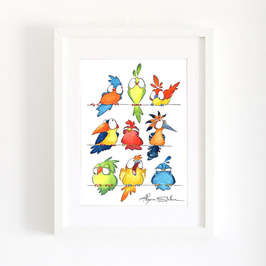 Colorful Birds framed print on the wall signed by Alyona Shilina