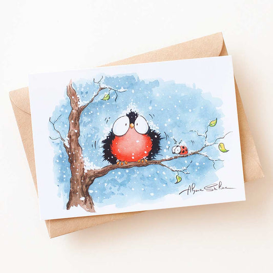 Funny postcard with frozen bird and ladybug by Alyona Shilina