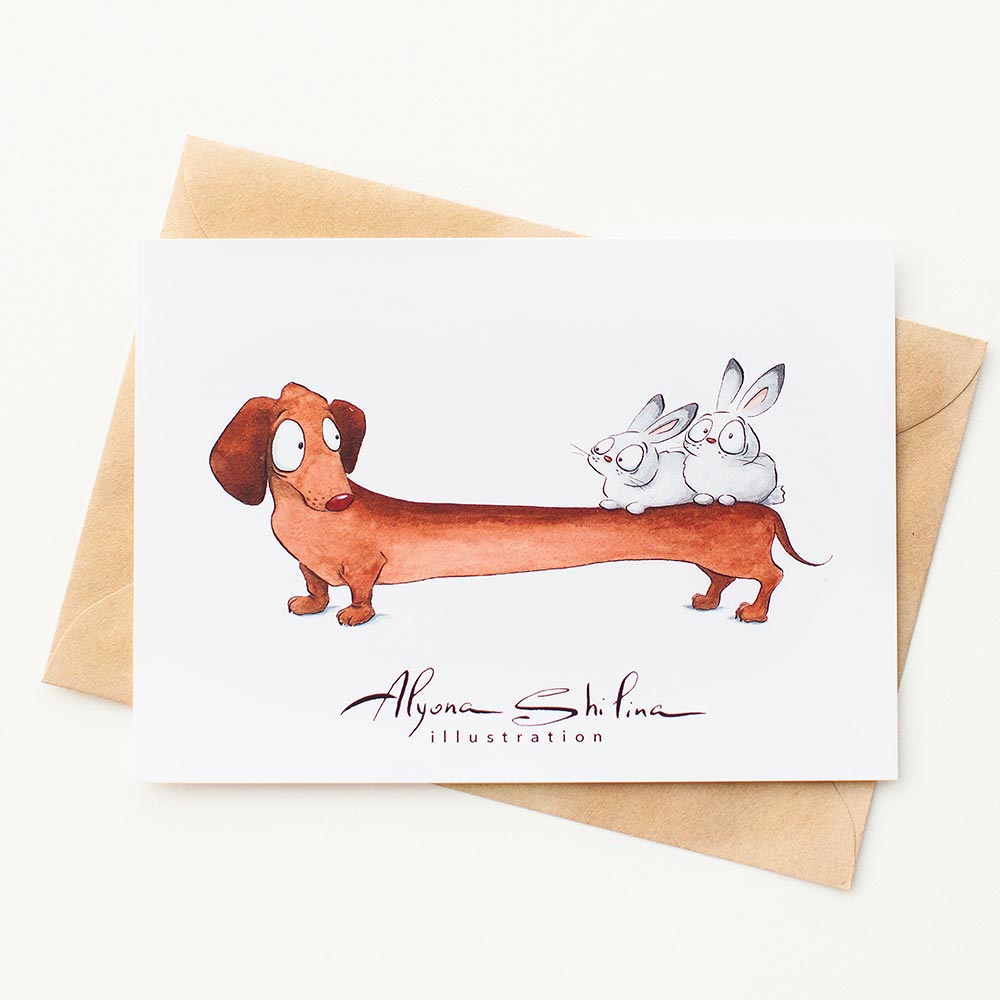 Postcard with funny Dachshund and Rabbits signed by Alyona Shilina