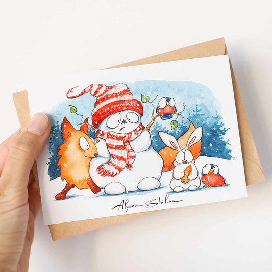 Funny postcard with Snawman, fox, rabbit and the birds by Alyona Shilina