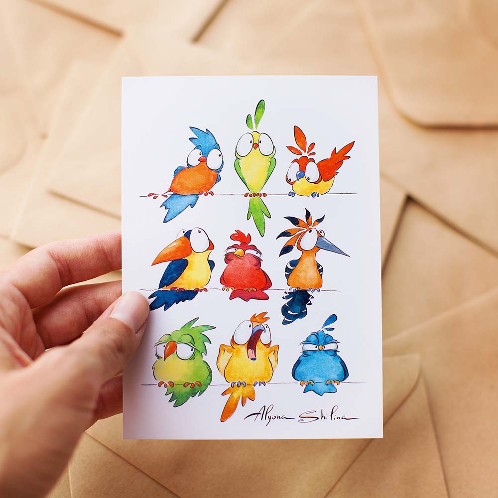 Cute postcard with funny birds by Alyona Shilina.