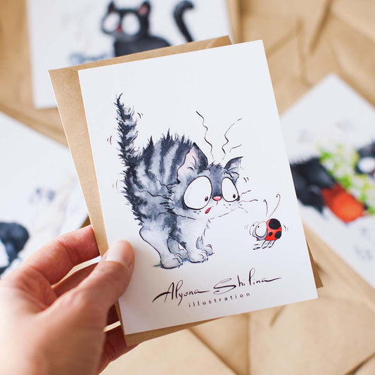 Postcard with funny cat and ladybug by Alyona Shilina