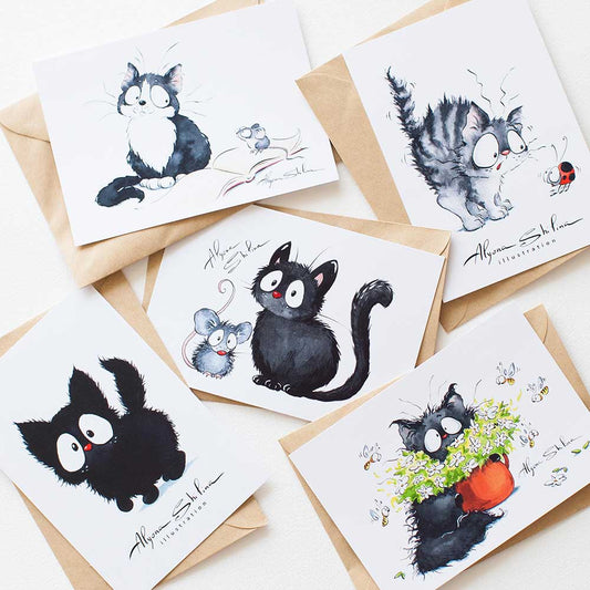 Set of 5 postcards with cute cats by Alyona Shilina