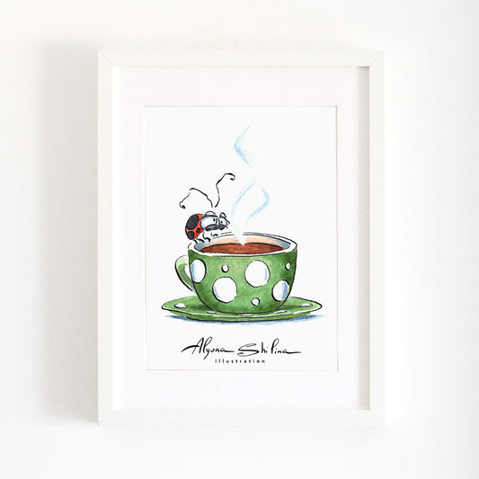 Funny ladybug drinks coffee. Watercolor art print by Alyona Shilina illustration.