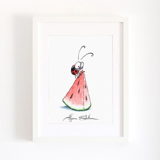 cute wall watercolor art print with funny ladybyg and watermelon