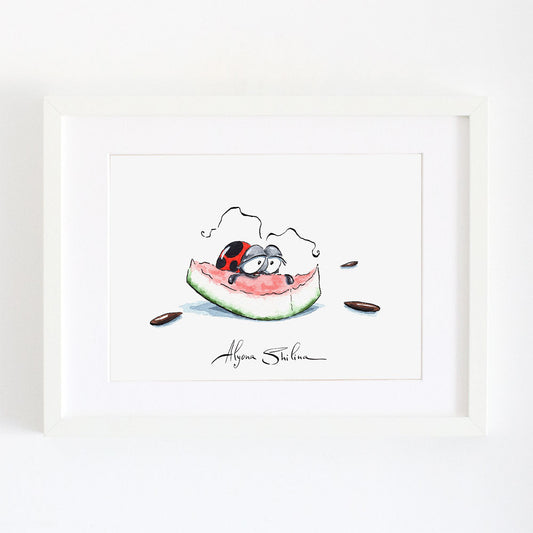 Funny wall art print with Ladybug and watermelon