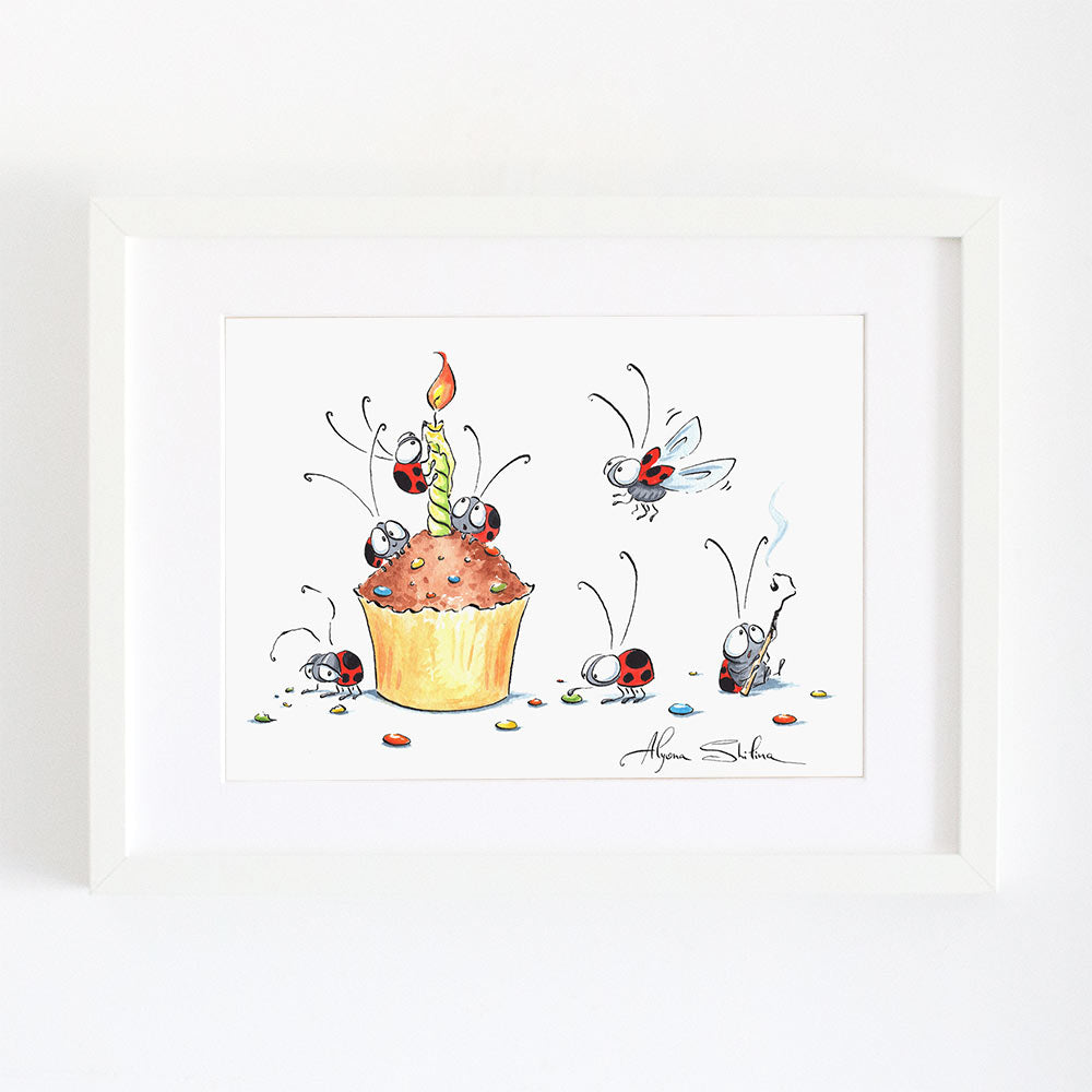 Cute wall art print with ladybugs celebrating a Bithday