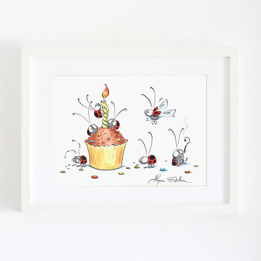 Cute wall art print with ladybugs celebrating a Bithday