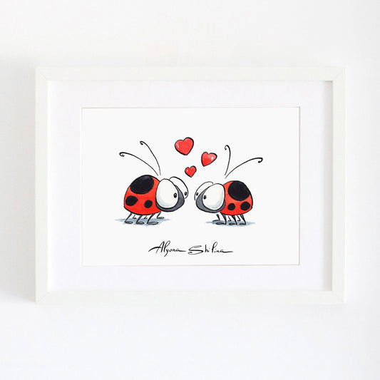 Wall print with cute ladybugs and hearts by Alyona Shilina illustration