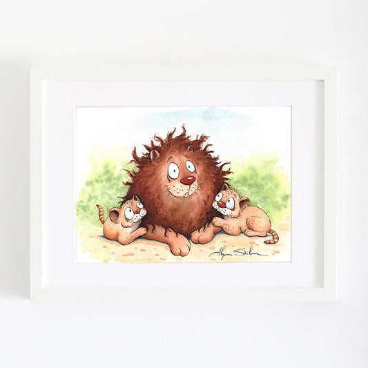 Wall art print with father lion and two cubs