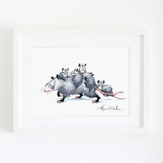 Wall art print with opossum mom and her babies