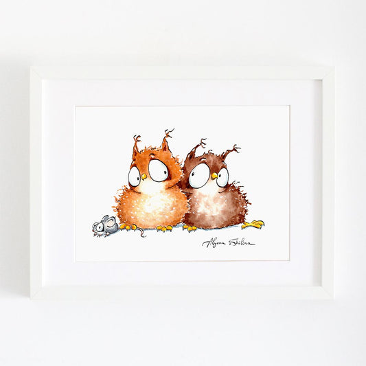 Art print with cute Owls and mouse