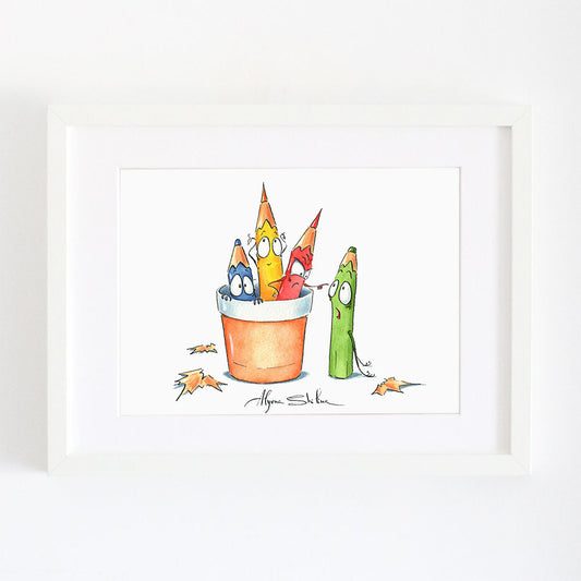 Art print with funny pencils by Alyona Shilina