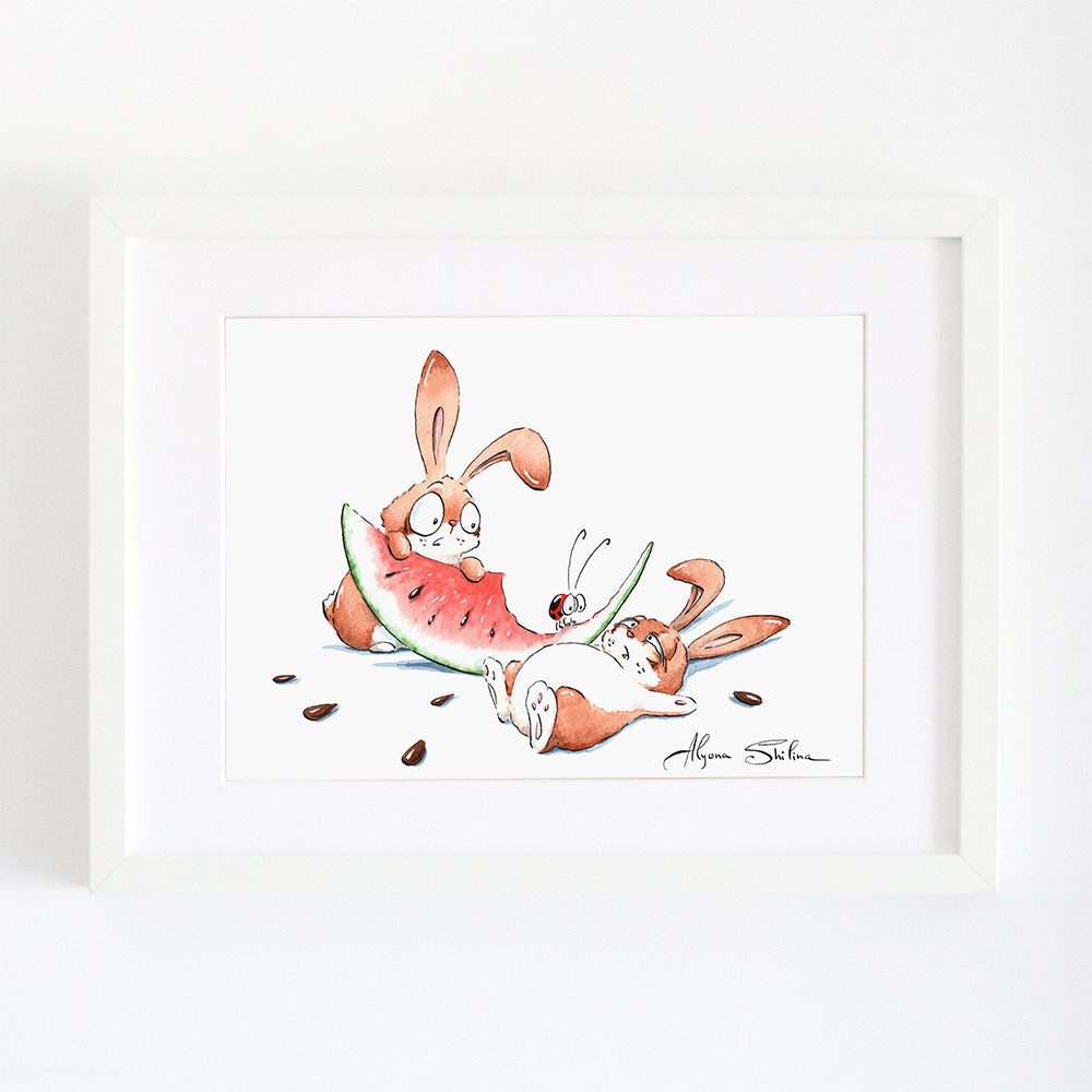 Wall art print with rabbits and watermelon