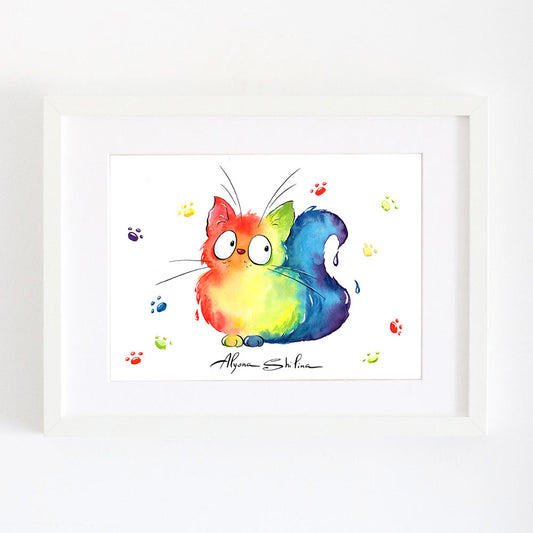 Cute wall art decoration with rainbow colored cat by Alyona Shilina