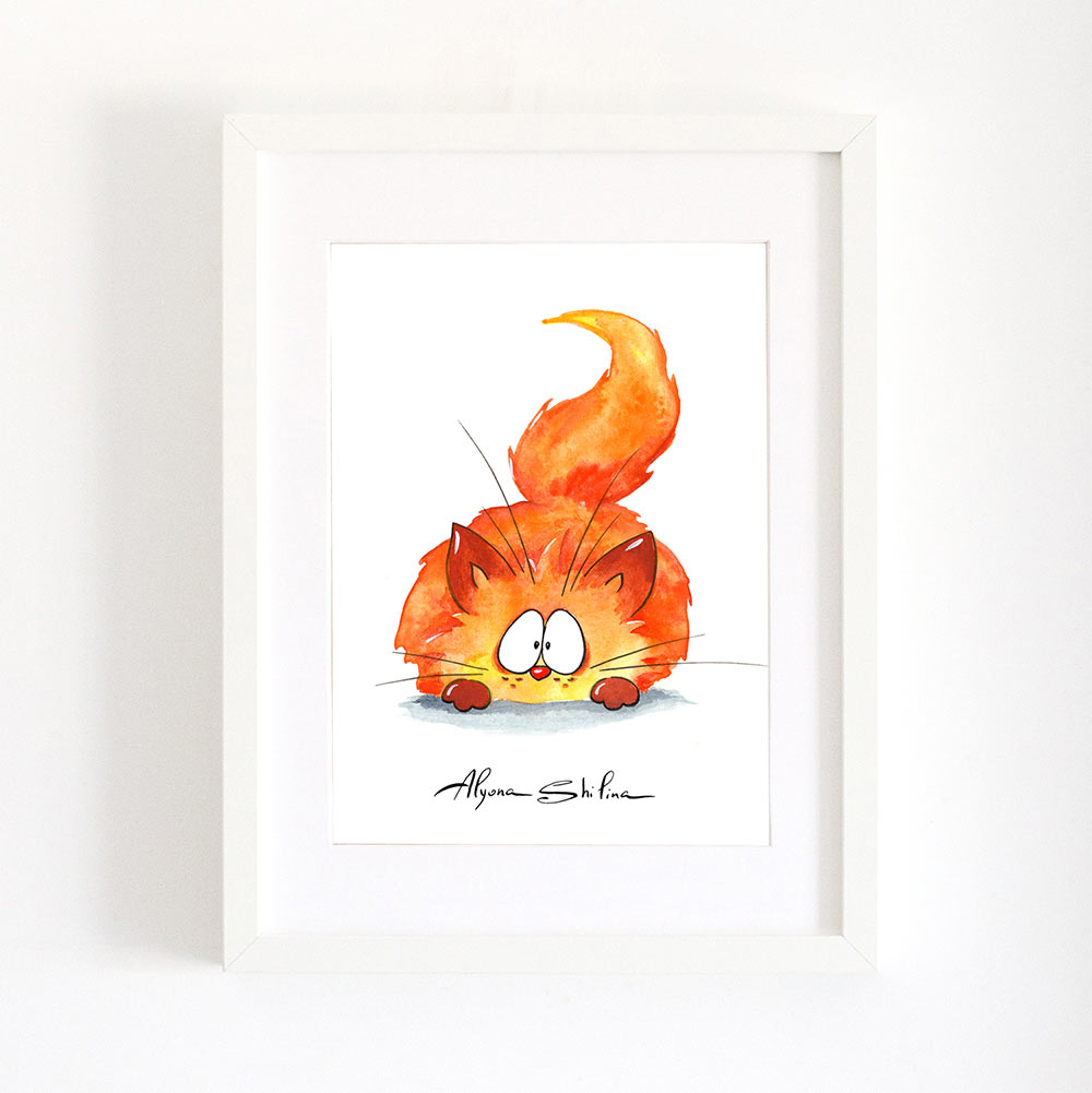 Wall art print with cute fluffy red cat