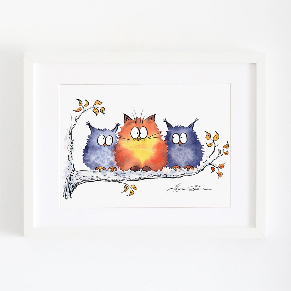 Wall art print with cute red cat and funny owls