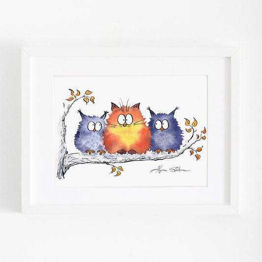 Wall art print with cute red cat and funny owls