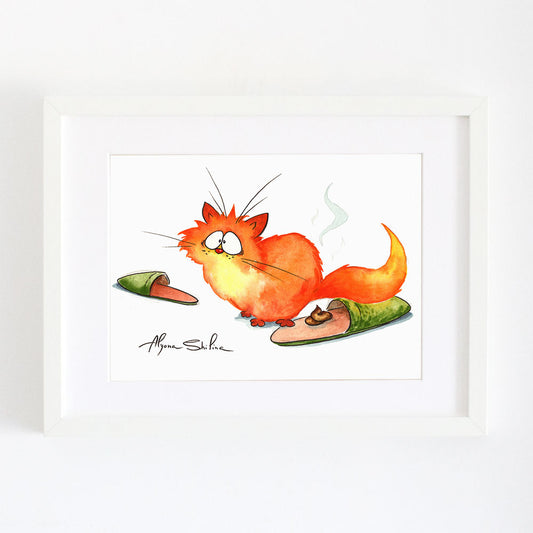 Funny wall art print with pooping red cat