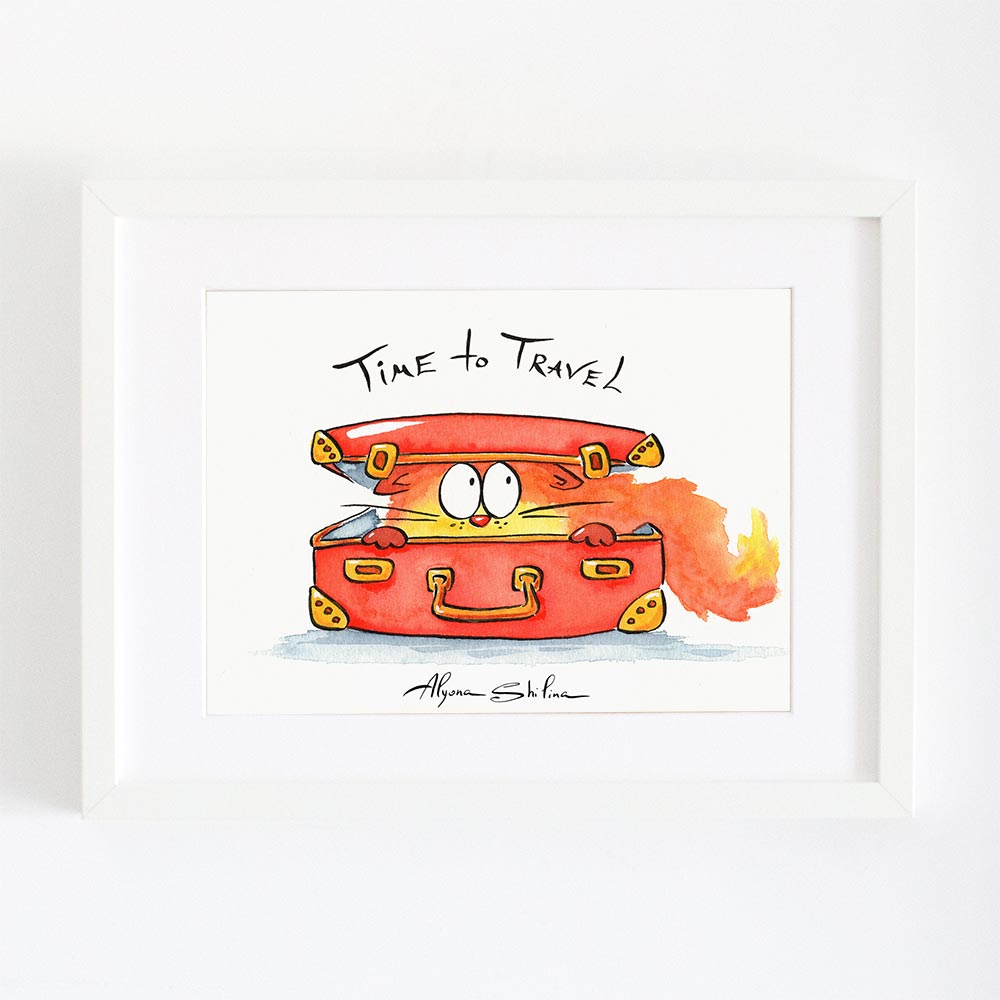 Wall art print with cute red cat in a suitcase