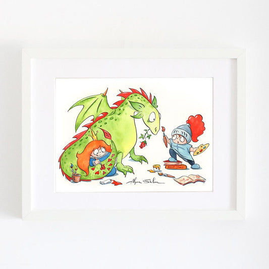 Saint George, Dragon and Princess watercolor illustration