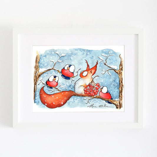 Winter wall decor with funny squirrel and birds