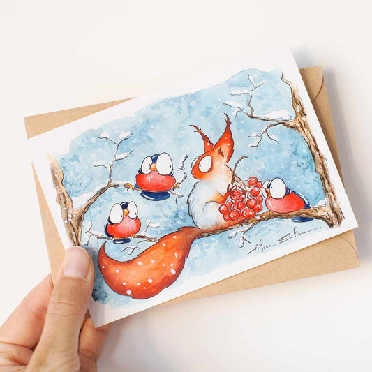 Funny winter postcard with Squirrel and the birds by Alyona Shilina