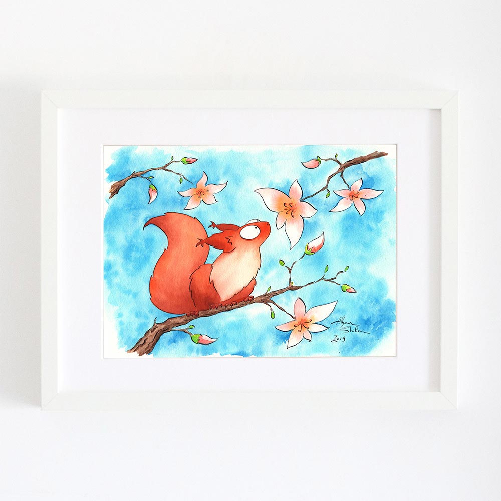 Squirrel and flower wall art print